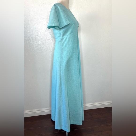 VINTAGE 1970s Maxi Dress Baby Blue Empire Waist Short Sleeve Vtg 70s Long Gown - Picture 3 of 8